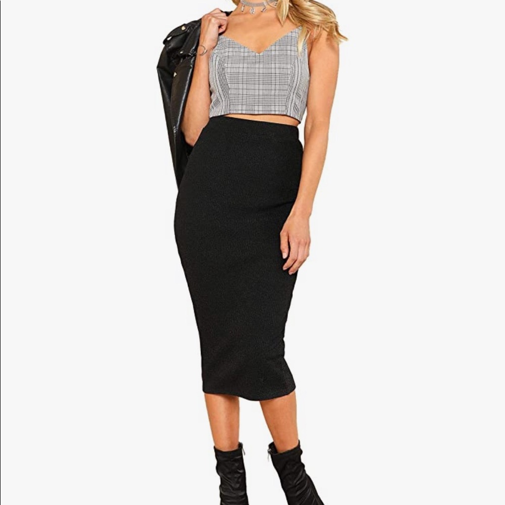 Plain Stretchy Ribbed Knit Midi Full Length Basic Pencil Skirt